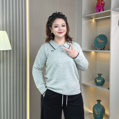 大码胖mm秋冬新款刺绣翻领针织衫