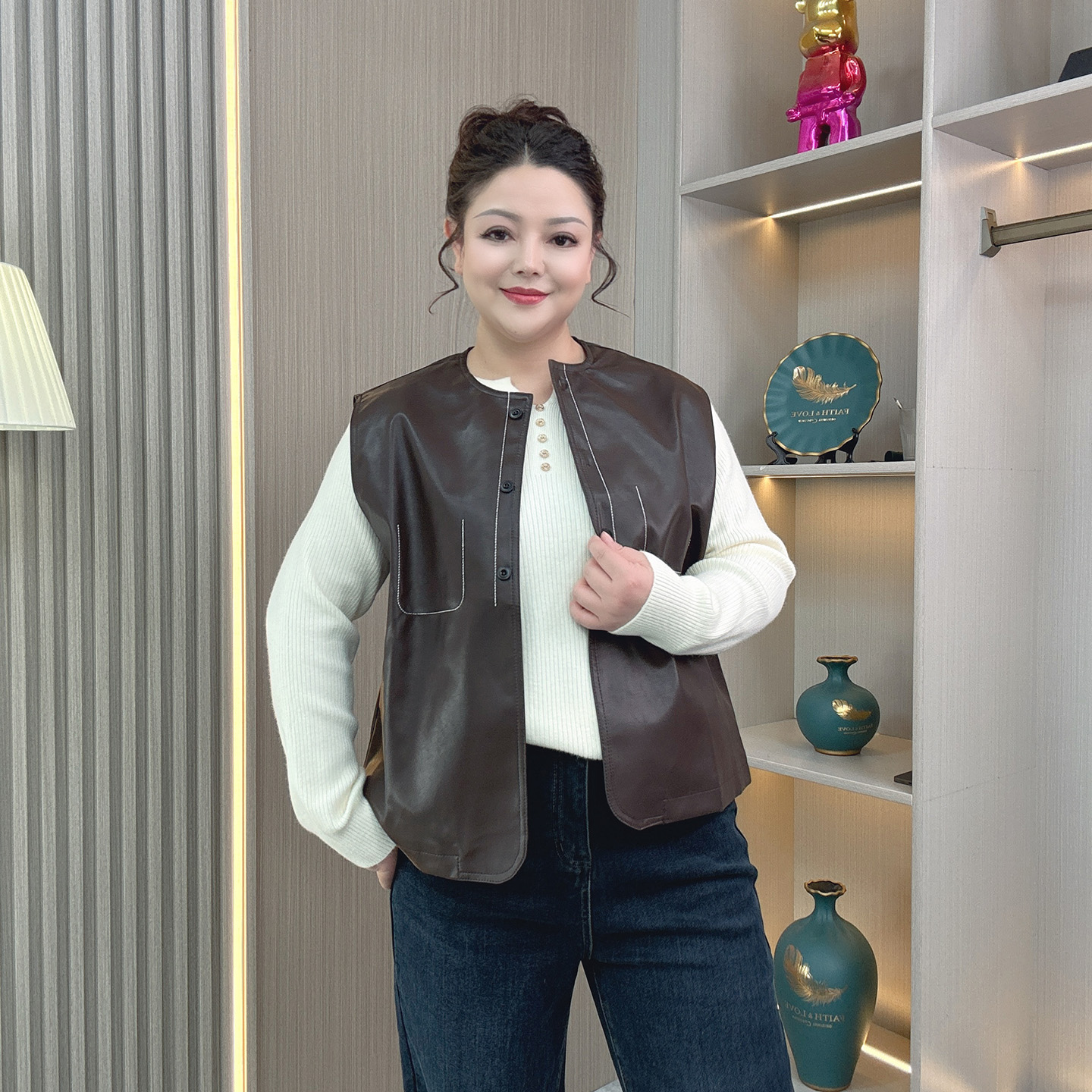 大码胖mm秋季新PU皮马甲背心外套