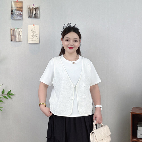 盘扣假两件马甲短袖T恤女夏大码