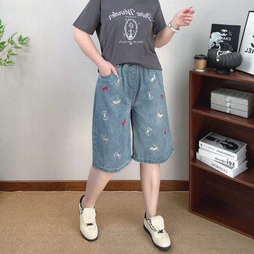 美式刺绣牛仔短裤女夏大码五分裤