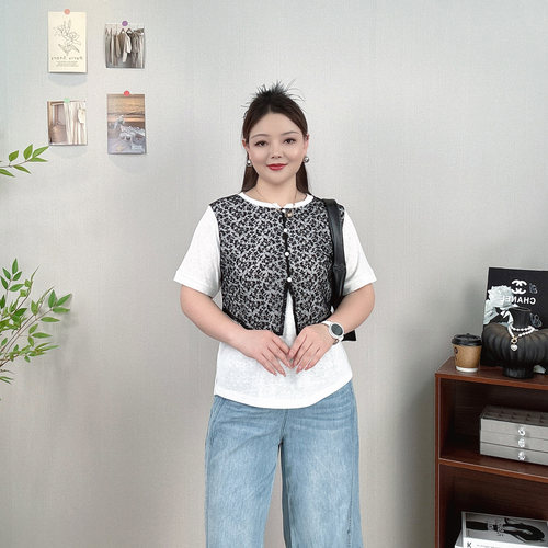 大码夏装假两件蕾丝拼接短袖上衣