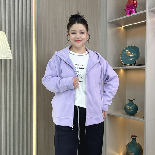 大码女装春秋款连帽开衫卫衣外套