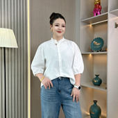 胖mm宽松显瘦气质七分灯笼袖 春夏新款 女士大码 花边领衬衫 衬衣 法式