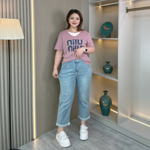 大码女夏薄款蕾丝花边九分牛仔裤