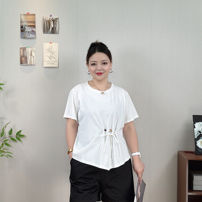 抽绳串珠短袖T恤女大码显瘦上衣