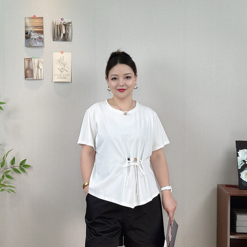 抽绳串珠短袖T恤女大码显瘦上衣