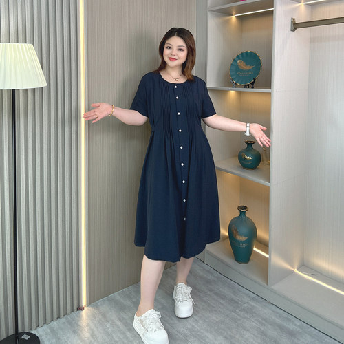大码女装夏季冰丝棉麻短袖连衣裙