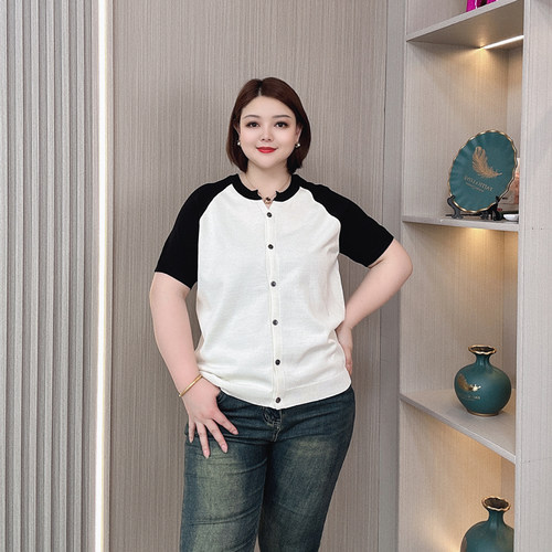 大码显瘦冰丝短袖针织开衫T恤女