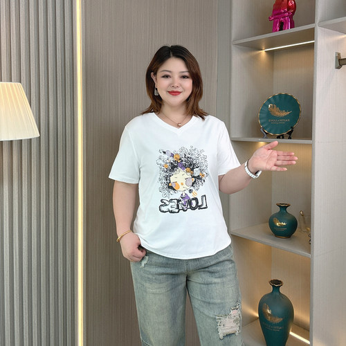 大码女装夏季雪花棉短袖T恤上衣