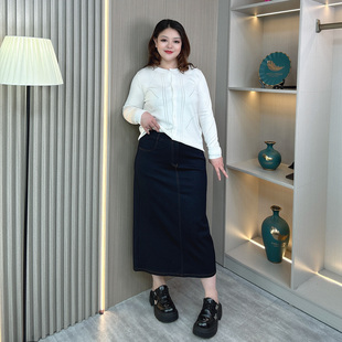 高腰a字牛仔半身裙女春秋大码 深蓝色直筒开叉包臀裙牛仔裙 中长款