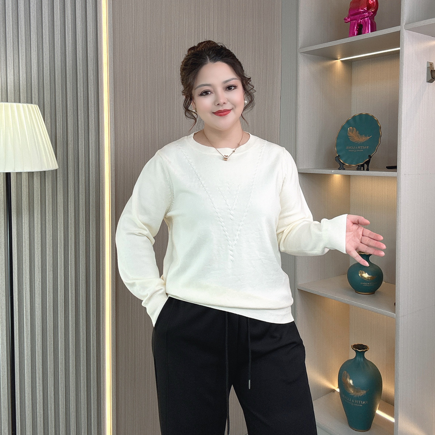 大码胖mm秋冬圆领提花针织毛衣