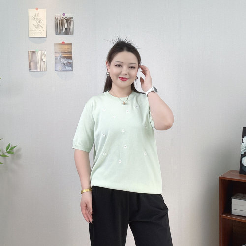 大码短袖针织衫女夏圆领优雅上衣