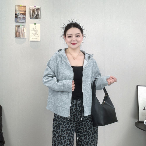 大码女装春秋连帽卫衣开衫短外套