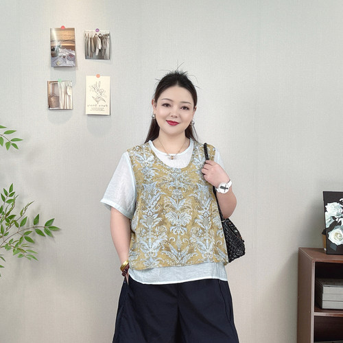 假两件短袖套头小衫女夏大码T恤