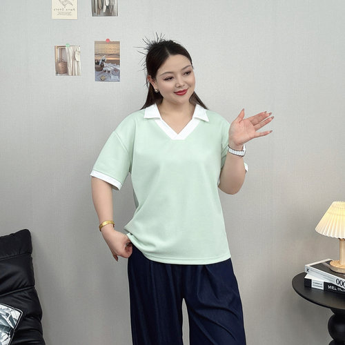 撞色翻领短袖T恤女大码POLO上衣