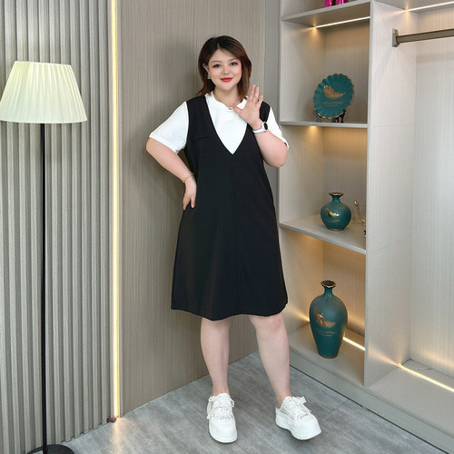 大码女夏装拼接假两件短袖连衣裙