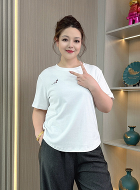 大码圆领短袖T恤女夏季新款2026年白色宽松显瘦胖mm纯色内搭上衣