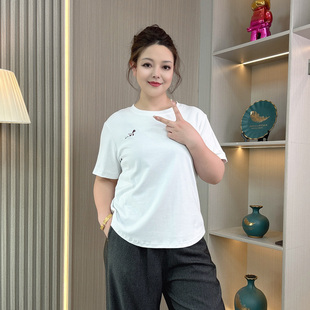 新款 T恤女夏季 2026年白色宽松显瘦胖mm纯色内搭上衣 圆领短袖 大码