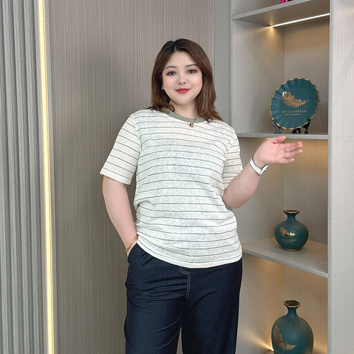 撞色条纹短袖t恤女夏大码云朵棉