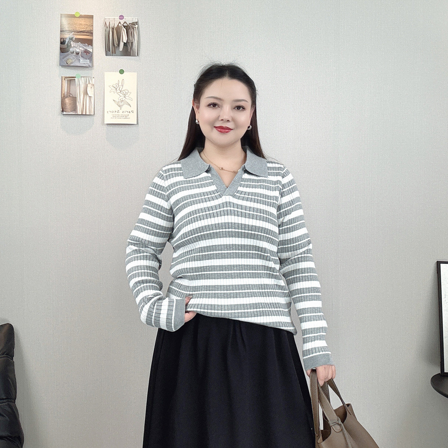 polo领条纹针织衫女2026秋装新款大码百搭显瘦洋气减龄长袖打底衫
