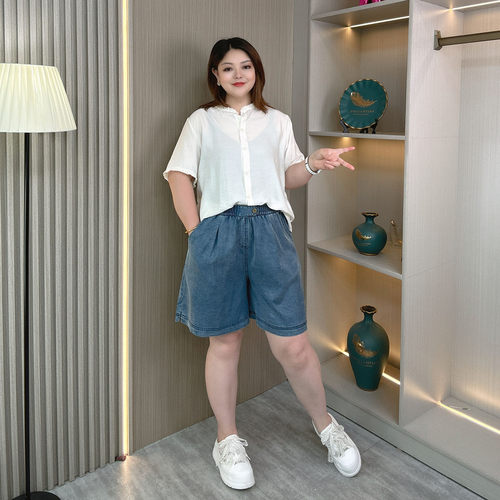 大码胖mm夏季薄款天丝牛仔短裤女
