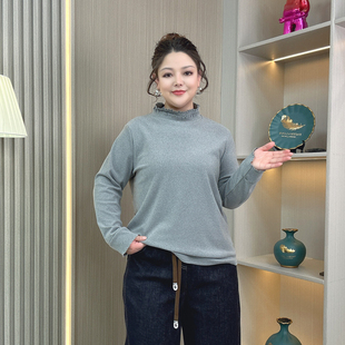 上衣潮 女宽松胖mm遮肚子秋冬内搭长袖 大码 双层木耳边半高领打底衫