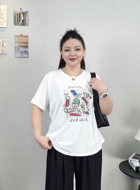 大码夏季白色短袖T恤女装胖mm卡通印花宽松显瘦休闲时尚正肩上衣