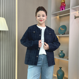 气质减龄显瘦长袖 春季 胖mm圆领开衫 小香风毛呢外套女大码 上衣 新品