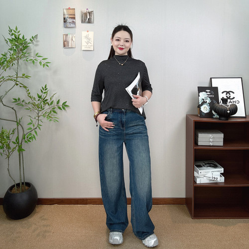 高腰直筒牛仔裤女大码休闲拖地裤
