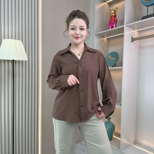 蕾丝拼接长袖衬衫女大码显瘦上衣