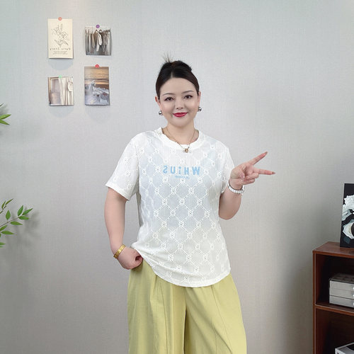 大码短袖针织提花T恤女刺绣上衣