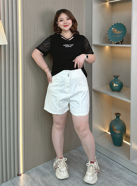 白色高腰牛仔短裤女夏季薄款大码胖mm显瘦遮肚小个子a字阔腿热裤