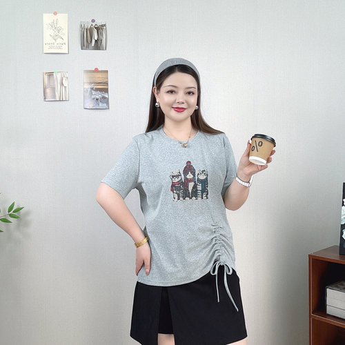 大码夏装猫咪印花短袖T恤女上衣
