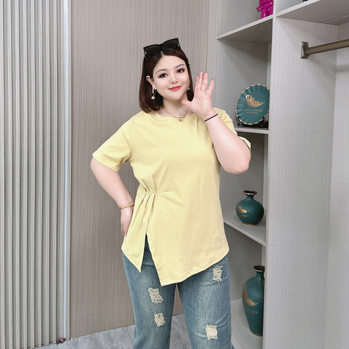 2025夏季大码开叉T恤女显瘦百搭