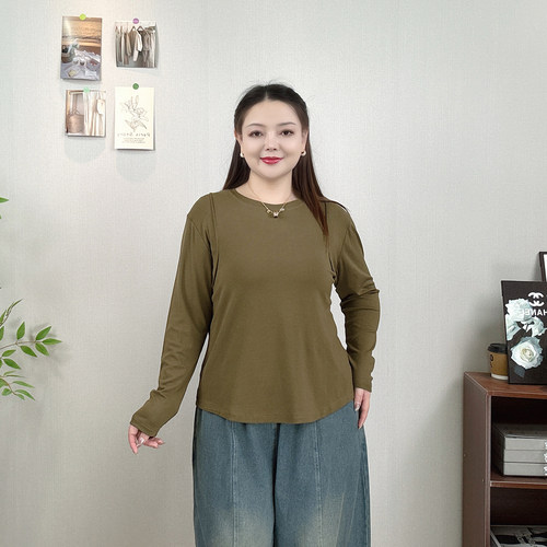 大码女装鱼骨设计长袖T恤打底衫