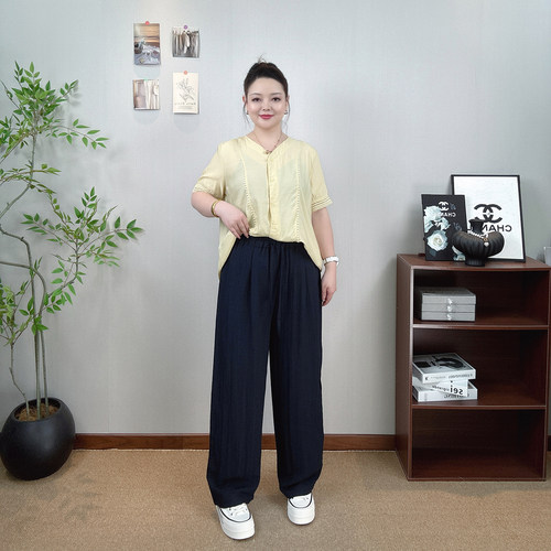 冰丝亚麻直筒裤女大码休闲阔腿裤