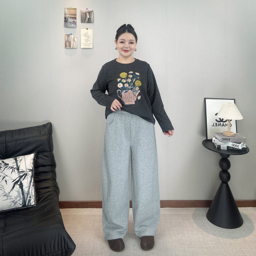 大码春秋弯刀高腰阔腿裤女休闲裤