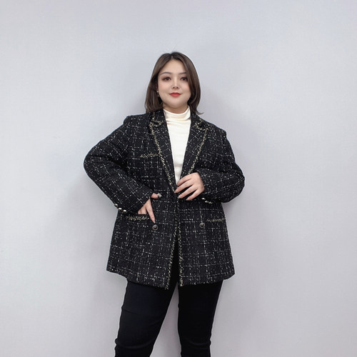 宽松显瘦格子粗花毛呢西装女外套