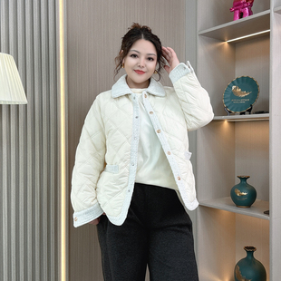 小香风冬季 胖mm宽松显瘦翻领菱格夹棉保暖棉服上衣 棉衣外套女大码