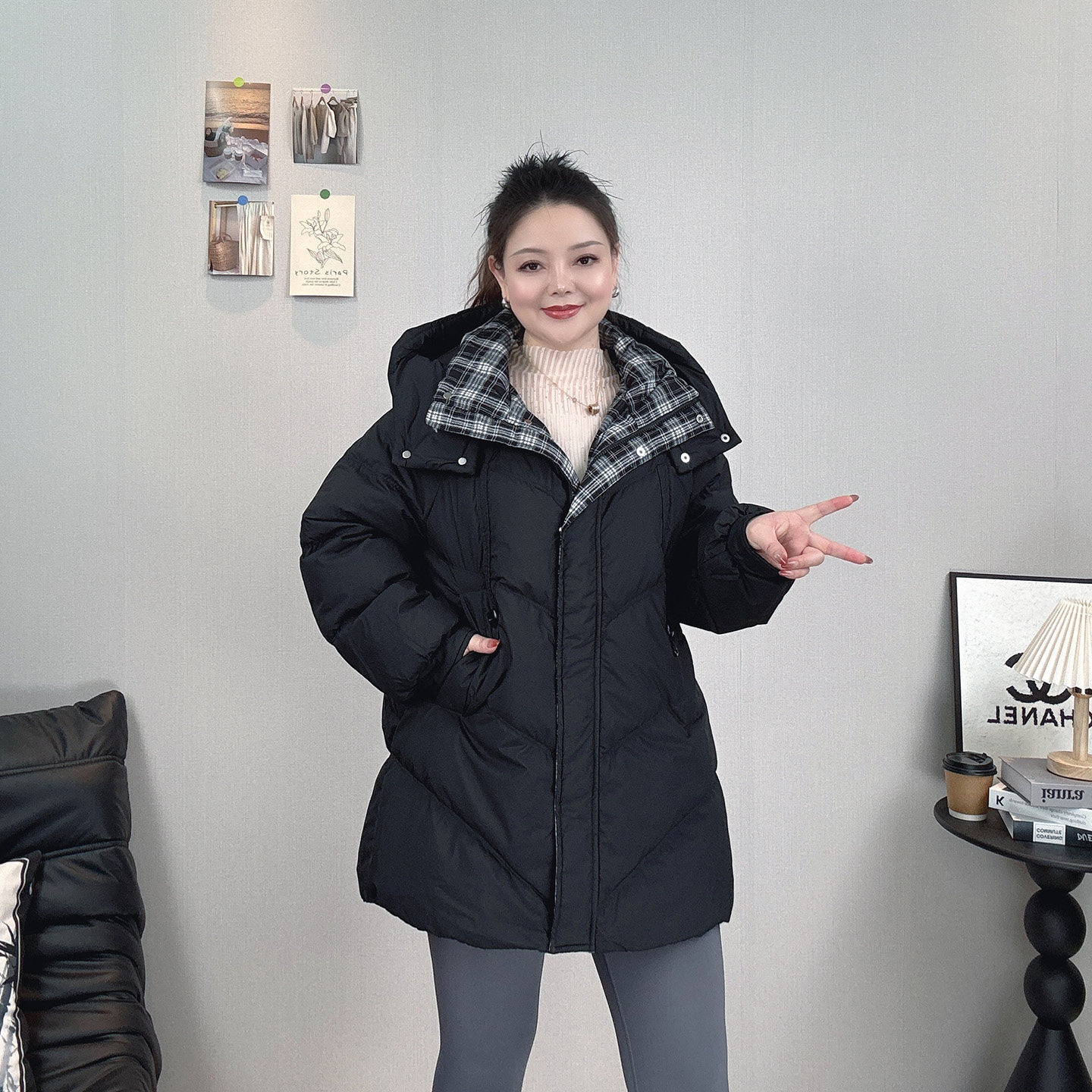 大码连帽白鸭绒保暖羽绒服女冬装中长款撞色韩版宽松显瘦加厚外套