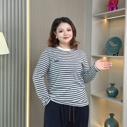 大码胖mm春秋新款条纹长袖T恤女