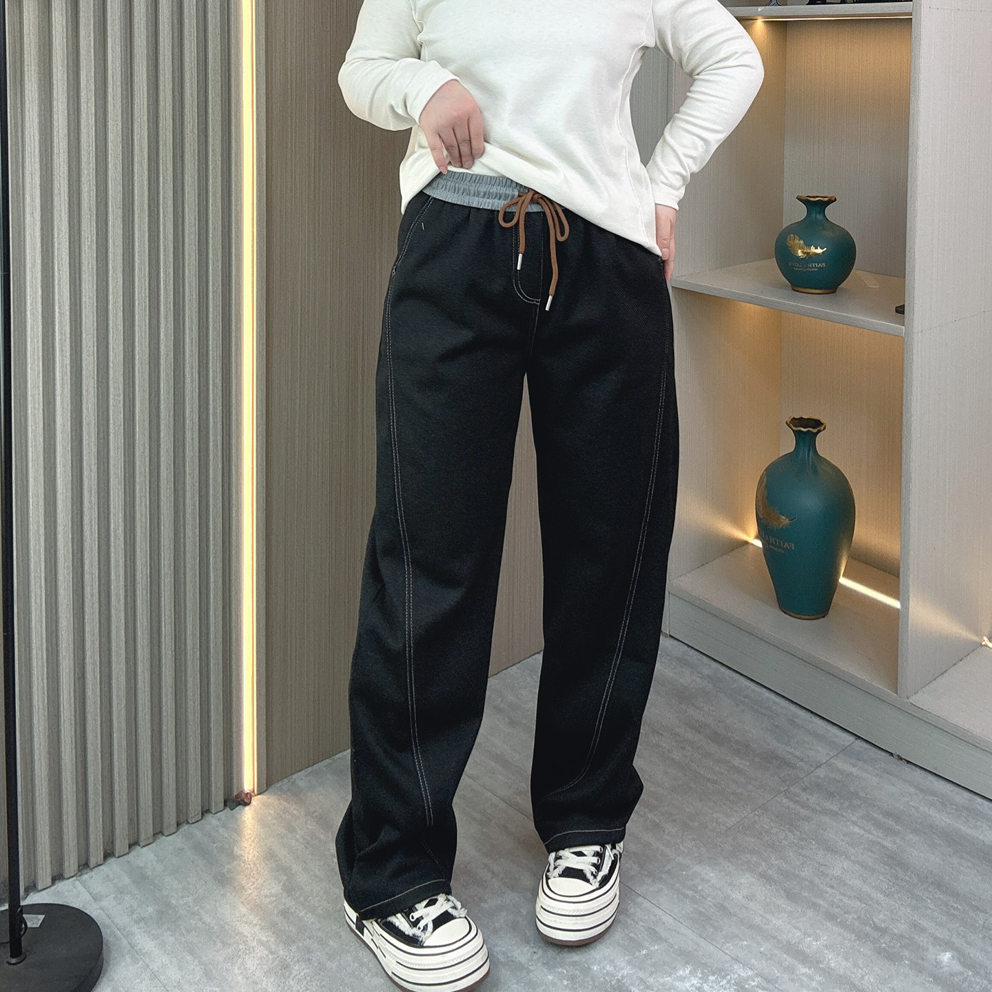 加绒加厚阔腿牛仔裤女冬装长裤子