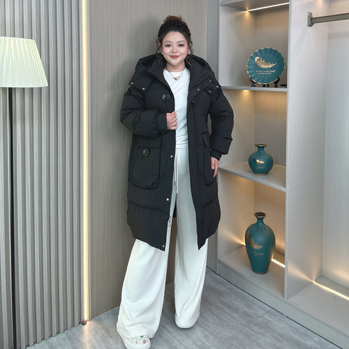 大码女装2025年新款冬季白鸭绒中长款连帽羽绒服胖mm宽松保暖外套