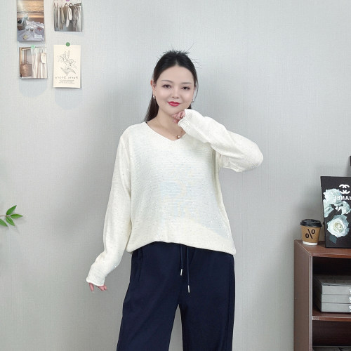 V领亮片针织衫女秋大码打底毛衣