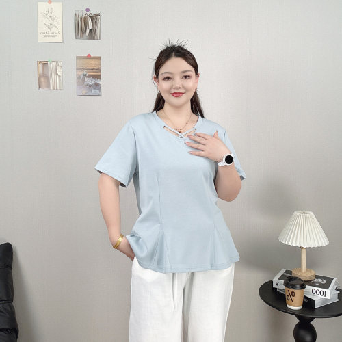 大码设计感鱼尾收腰显瘦短袖上衣