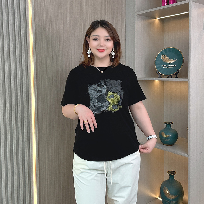大码女装纯棉喵咪印花短袖T恤女