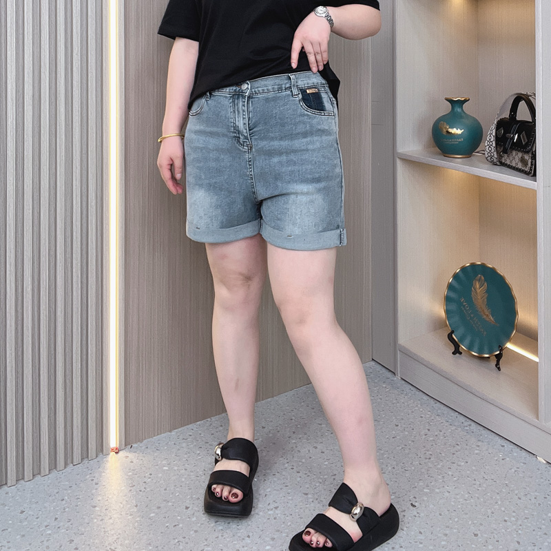大码牛仔短裤女装夏季薄款高腰2023新款卷边宽松显瘦a字阔腿热裤