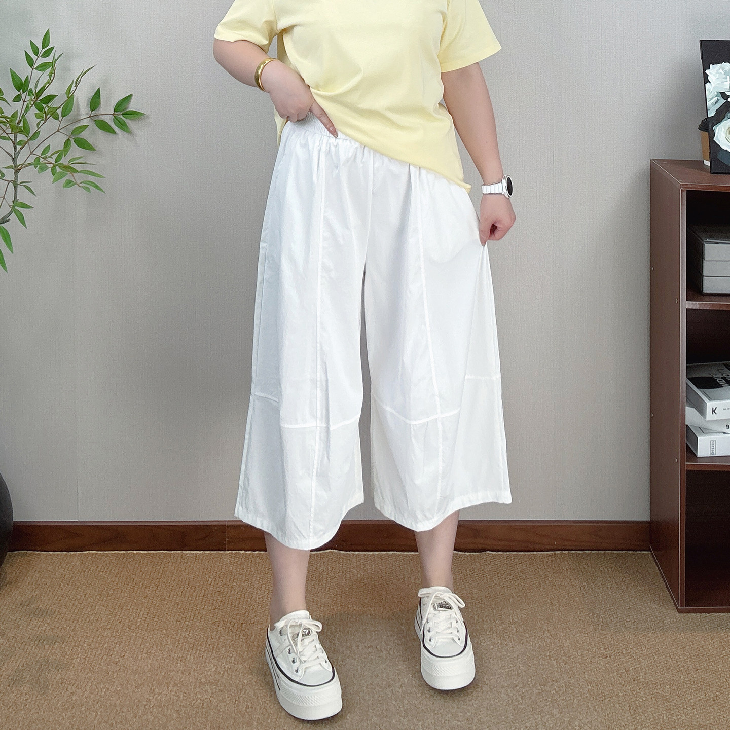 白色慵懒风高腰七分阔腿裤女大码夏季薄款宽松显瘦百搭直筒休闲裤