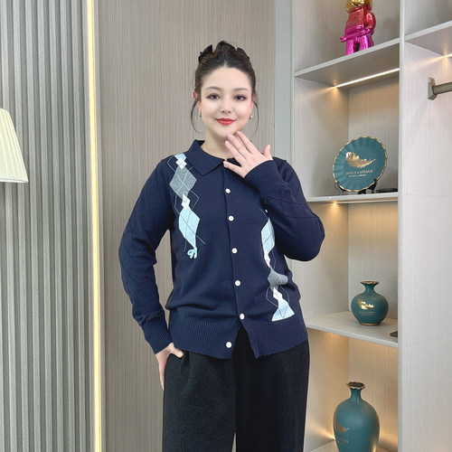 休闲学院风拼接菱格针织开衫毛衣