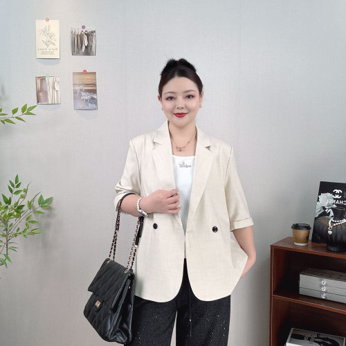 大码薄款短袖西装外套女中袖西服